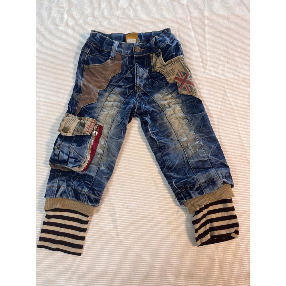 Rock Style Kids 3T Distressed Patchwork Jeans Monkey Embroidery Striped Cuff